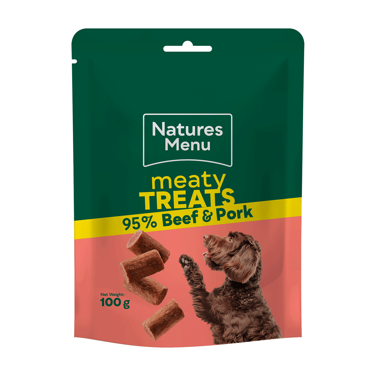 Natures Menu meaty treats packaging with a dog illustration on a white background