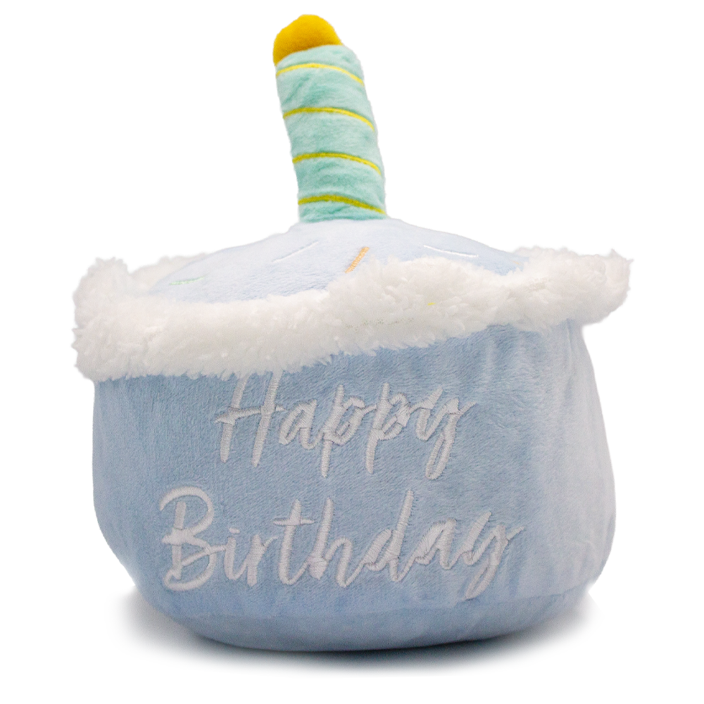 Milo's Birthday Cake, Plush Squeaky Dog Toy. Blue