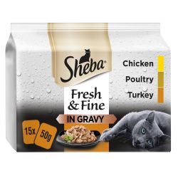 Sheba Fresh & Fine Wet Cat Food Pouches Poultry in Gravy 15 Pack, 50g