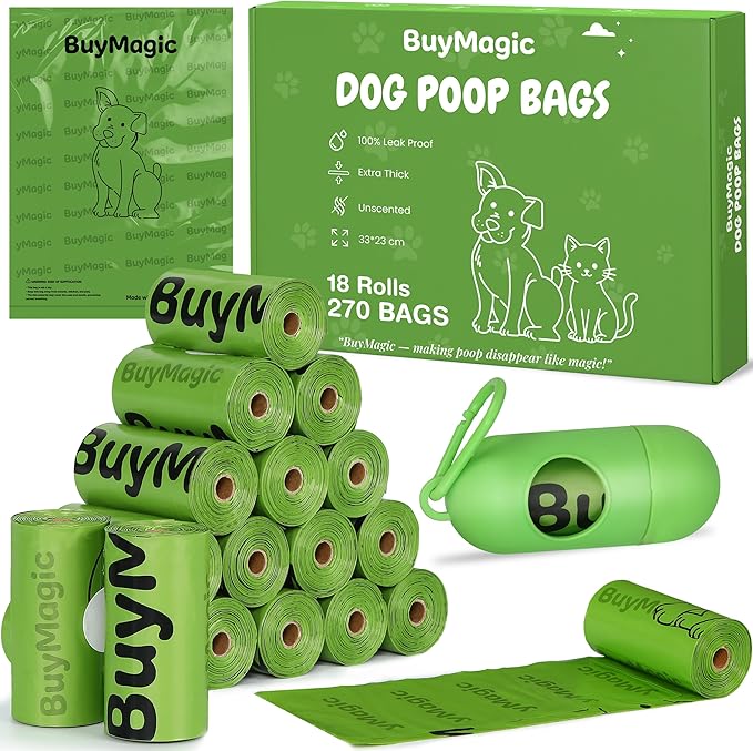 Dog Poo Bags, 270 Extra Thick Poop Bags (18 Rolls) with Dispenser, 100% Leak Proof Dog Waste Bags, Unscented, Large 33×23 cm (Green)