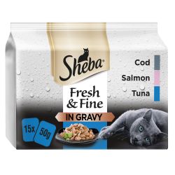 Sheba Fresh & Fine Wet Cat Food Pouches Fish in Gravy 15 pack, 50g.