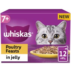 Whiskas 7+ Poultry Feasts Senior Wet Cat Food Pouches in Jelly 12 Pack, 85g