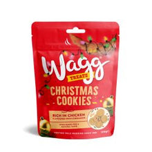 Red bag of Wagg Treats Christmas Cookies with chicken flavor on a white background