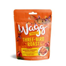 Wagg Three-Bird Roast pet treat package on a white background