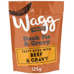 Wagg treat package for cats with steak pie and gravy flavor on an orange background