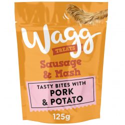 Wagg treat package for sausage & mash with pork & potato flavor on a white background