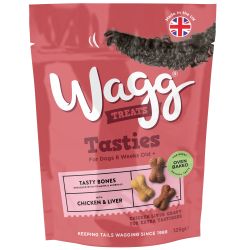 Wagg Treats packaging for dogs and cats with a pink background