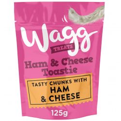 Wagg treat package for ham and cheese toastie on a pink background