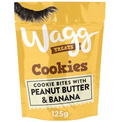 Wagg treats package for cookie bites with peanut butter and banana on a yellow background