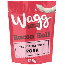 Wagg Bacon Roll treat package for dogs on a white background