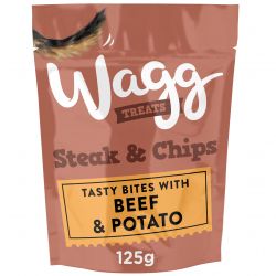Wagg treat package for dogs with steak and chips flavor on a white background