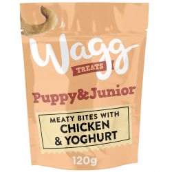 Wagg treats package for puppy and junior with chicken and yoghurt on a white background