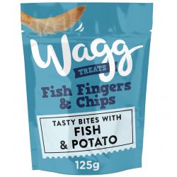 Wagg Fish Fingers & Chips treat package on a white background
