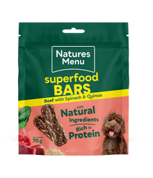 Natures Menu superfood bars packaging with a green background and dog illustration.