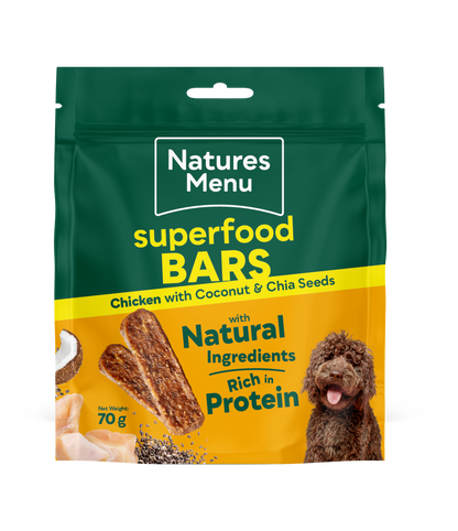 Natures Menu superfood bars packaging with a green and yellow design.
