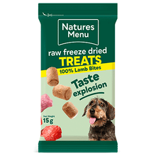 Natures Menu raw freeze dried treats packaging with a dog on a white background