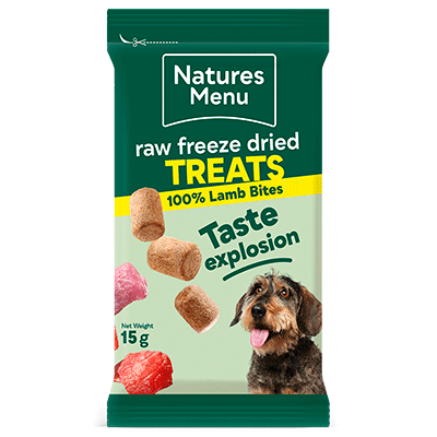 Natures Menu raw freeze dried treats packaging with a dog on a white background