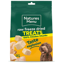 Natures Menu raw freeze dried treats packaging with chicken chunks and a dog on a white background