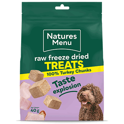 Natures Menu raw freeze dried treats packaging for dogs on a white background