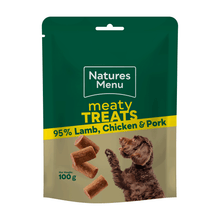 Natures Menu meaty treats packaging for dogs with a green and yellow design.
