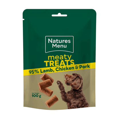 Natures Menu meaty treats packaging for dogs with a green and yellow design.
