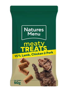 Natures Menu meaty treats packaging with a dog illustration on a white background