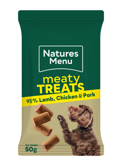 Natures Menu meaty treats packaging with a dog illustration on a white background