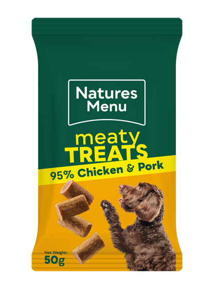Natures Menu meaty treats packaging with a dog illustration on a white background