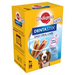 Box of Pedigree Denta Stix dog treats on a white background