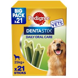 Pedigree Dentastix packaging for dogs with a dog illustration on a white background