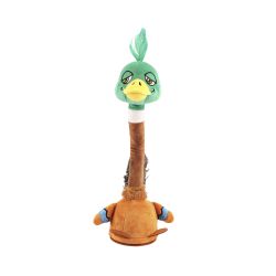 Plush toy resembling a bird with a green head and brown body on a white background