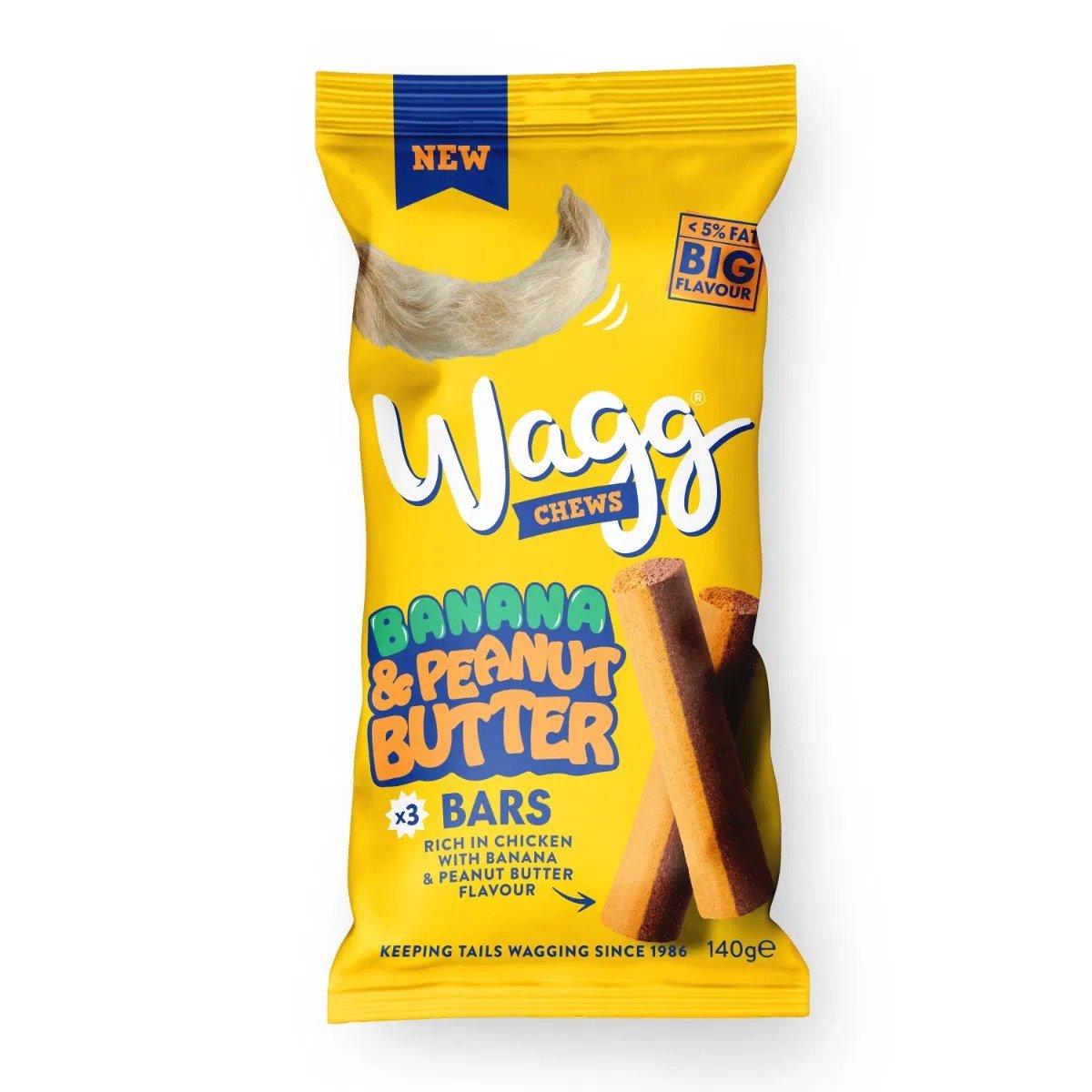 Yellow package of Wagg Chews Banana & Peanut Butter Bars on a white background