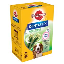 Box of Pedigree DentaStix Daily Fresh dog treats on a white background