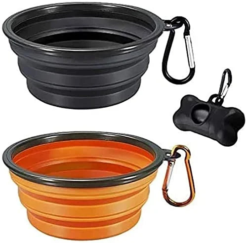 CLEARANCE - MEBBER 2 PACK PORTABLE COLLAPSIBLE DOG BOWL,INCLUDING BLACK DOG POOP BAG HOLDER DISPENSER,BLACK AND ORANGE