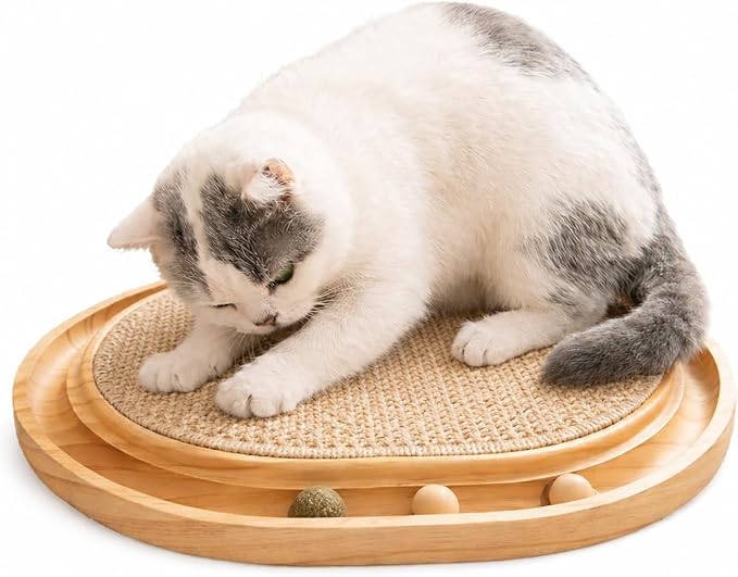 Cat Scratcher Board with Catnip Ball & Wooden Balls – Interactive Cat Toy & Scratching Pad, Natural Sisal & Solid Pine Wood, Durable Cat Scratcher, 43x33x3cm, No Assembly