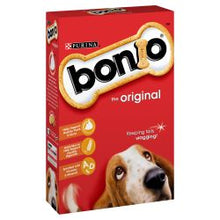 Box of Bonio dog treats with a red background