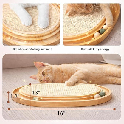 Cat Scratcher Board with Catnip Ball & Wooden Balls – Interactive Cat Toy & Scratching Pad, Natural Sisal & Solid Pine Wood, Durable Cat Scratcher, 43x33x3cm, No Assembly