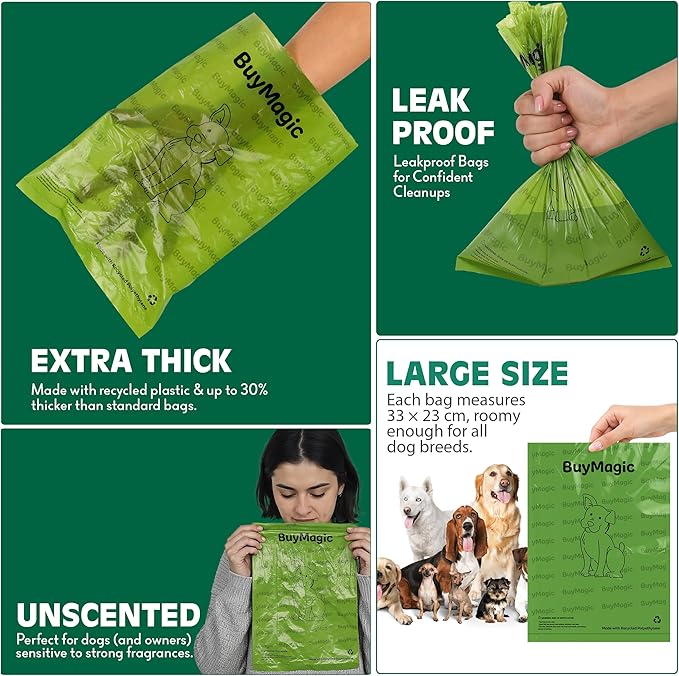 Dog Poo Bags, 270 Extra Thick Poop Bags (18 Rolls) with Dispenser, 100% Leak Proof Dog Waste Bags, Unscented, Large 33×23 cm (Green)