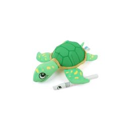 Green turtle plush toy on a white background