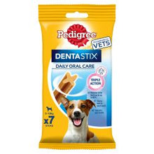 Pedigree Dentastix packaging for daily oral care with a dog illustration on a yellow and blue background.