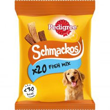 Pedigree Schmackos Fish Mix dog treat package on a white background
