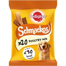 Pedigree Schmackos Poultry Mix dog treats packaging on a white background