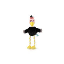 Coolpet Valerie the Vulture Dog Toy with Rope Legs – Squeaky Plush Tug Toy A plush dog toy resembling a vulture with black wings, yellow legs, and a white and red beak.