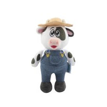Coolpet Croften The Cow Dog Toy – Crinkle & Squeaky Plush Dog Toy Plush cow toy wearing a straw hat and denim overalls on a white background