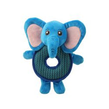 Coolpet Enzo The Elephant Dog Toy – Crinkle & Squeaky Plush Dog Toy Blue elephant plush toy with a textured ring on a white background