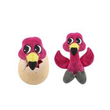 Coolpet Freya Flamingo & Egg Dog Toy – 2-in-1 Squeaky Plush Dog Toy Two pink plush toys resembling flamingos, one hatching from an egg, on a white background.