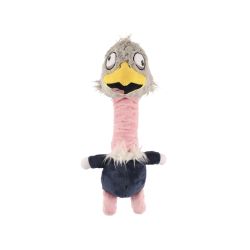 Plush toy resembling a cartoon character with a long neck on a white background