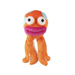Orange plush toy with a wide smile on a white background