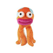 Orange plush toy with a wide smile on a white background