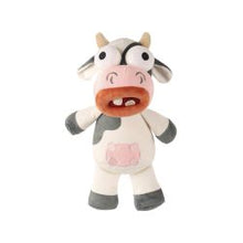 Plush toy cow with a surprised expression on a white background